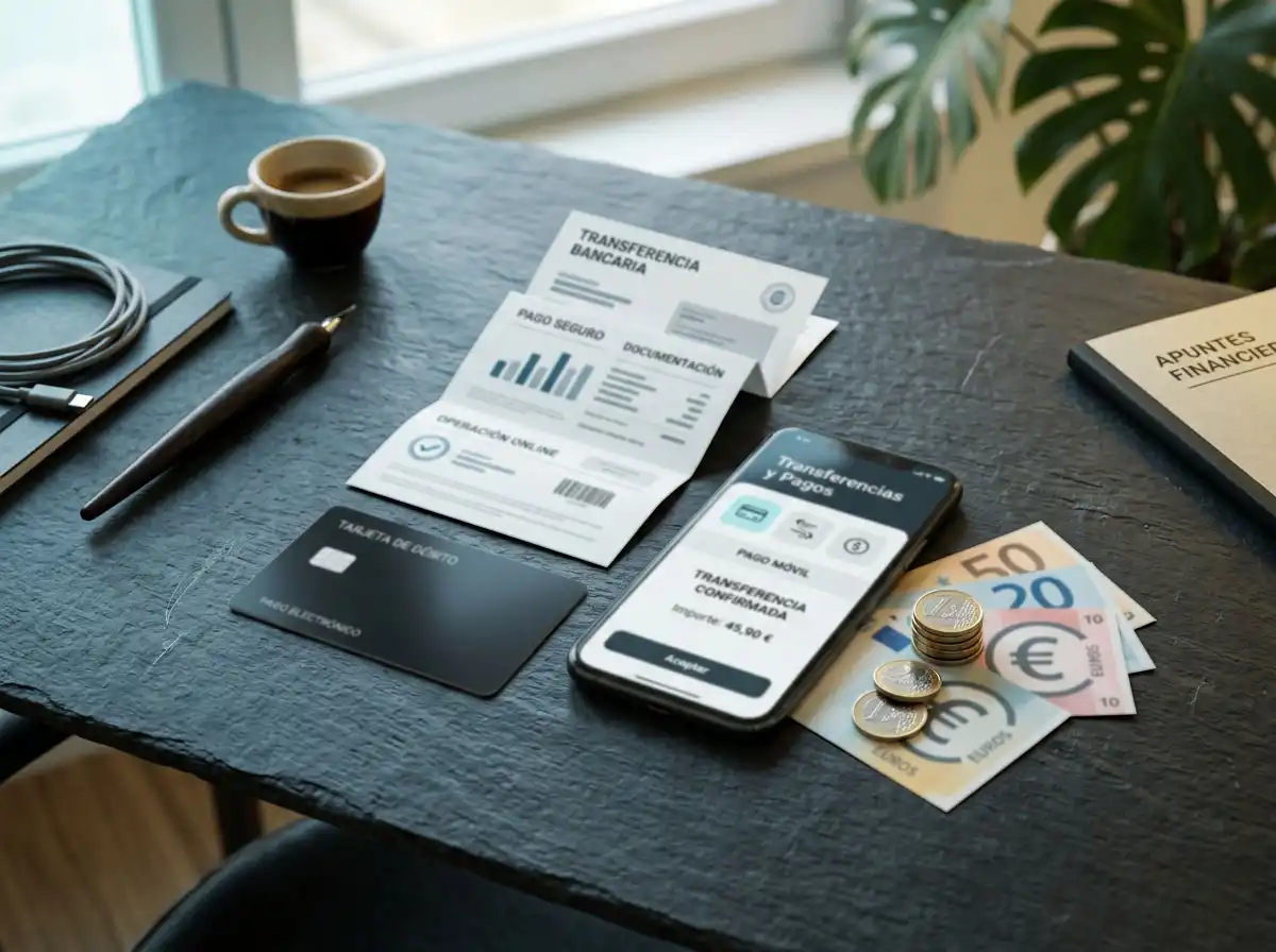 Tarjeta bancaria, teléfono y transferencia en euros sobre una mesa de trabajo