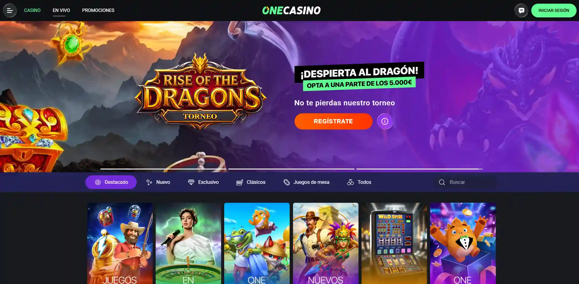 Captura de la portada de OneCasino España en un navegador de escritorio